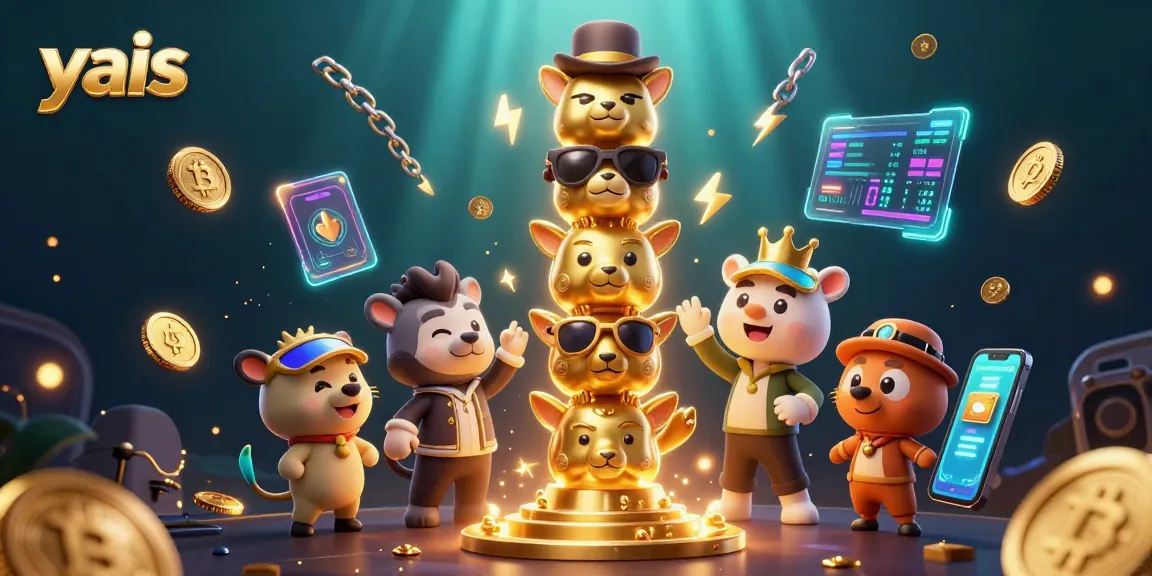 Join the excitement at yais with a vibrant 3D casino scene filled with crypto coins and dazzling lights.