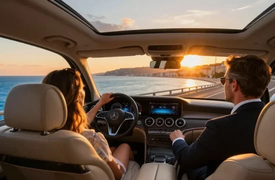 Visite de la Côte d'Azur avec un chauffeur privé sur la route, offrant une vue imprenable sur la mer Méditerranée et les paysages pittoresques lors de la tournée de la Côte d'Azur.