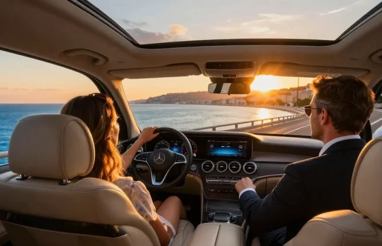 Visite de la Côte d'Azur avec un chauffeur privé sur la route, offrant une vue imprenable sur la mer Méditerranée et les paysages pittoresques lors de la tournée de la Côte d'Azur.