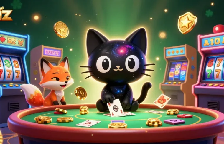 eviz engaging players with cosmic gaming charm at a vibrant casino table filled with colorful elements