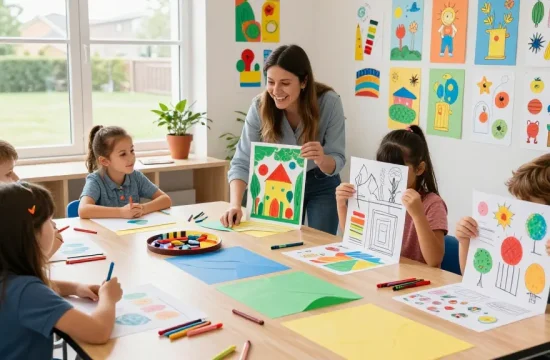 Students using Poster Printers for schools to create colorful educational materials in a bright classroom