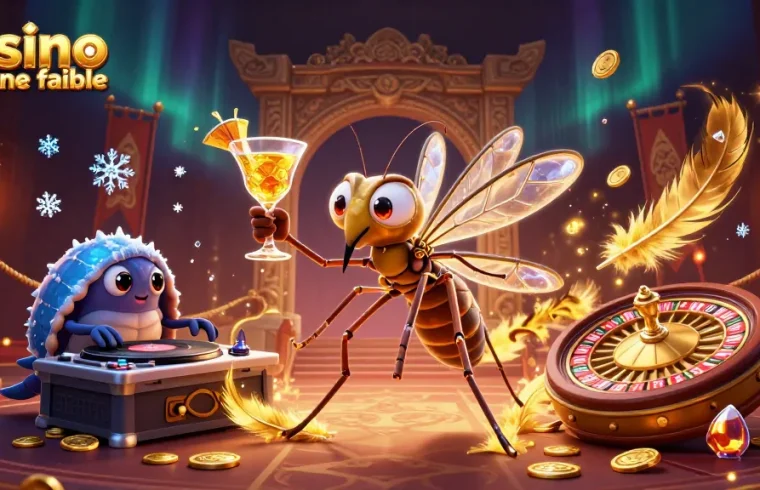 Un casino en ligne fiable avec un moustique cartoon masquot, un DJ trilobite, et une roulette dorée