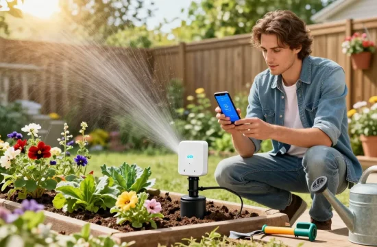 Gardener adjusting the RainPoint smart sprinkler controller while tending flowers in a sunny backyard garden.