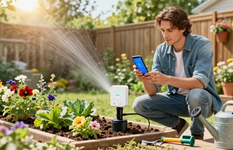Gardener adjusting the RainPoint smart sprinkler controller while tending flowers in a sunny backyard garden.