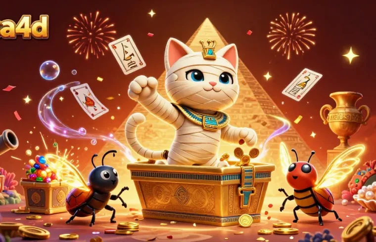 Rasa4d menampilkan karakter kucing mummy Mesir 3D dalam kasino piramida, dikelilingi harta karun dan efek magis.