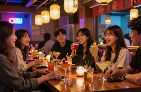 Sangbong-dong 한국관나이트 vibrant nightlife scene with friends enjoying drinks at a cozy lounge bar.