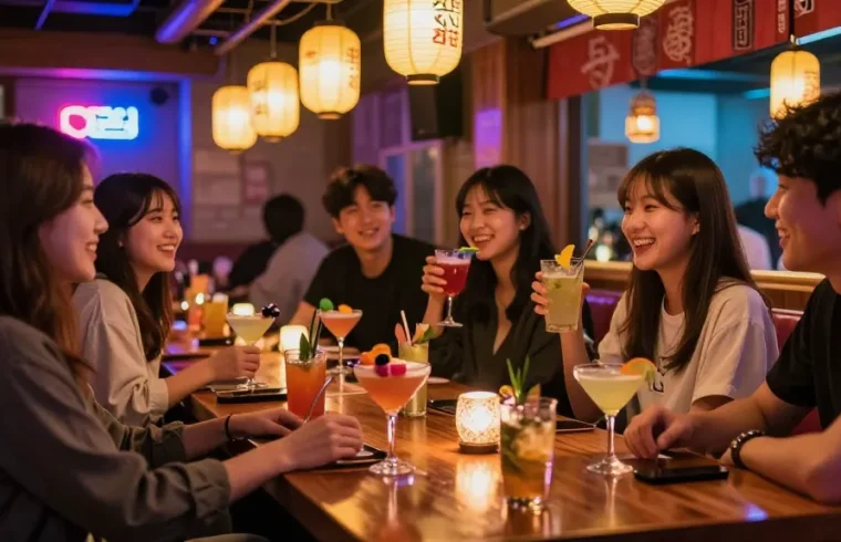 Sangbong-dong 한국관나이트 vibrant nightlife scene with friends enjoying drinks at a cozy lounge bar.