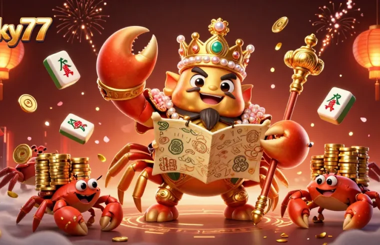 Experience the thrilling lucky77 casino with a vibrant illustration featuring a golden crab emperor and treasure elements.