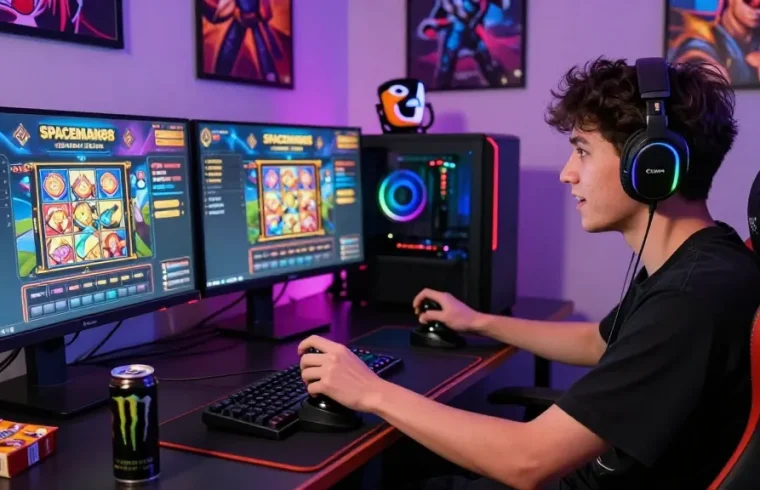 Player engaging with SPACEMAN88 slot game in a vibrant gaming setup, showcasing excitement and high-performance gear.