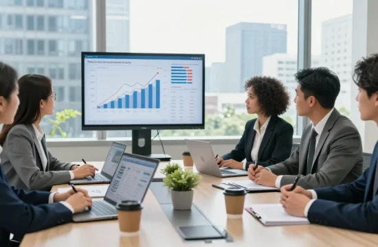 Financial advisors discussing strategies for improving cibc cmo services in a modern office