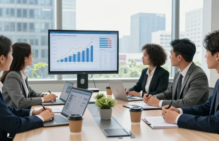 Financial advisors discussing strategies for improving cibc cmo services in a modern office