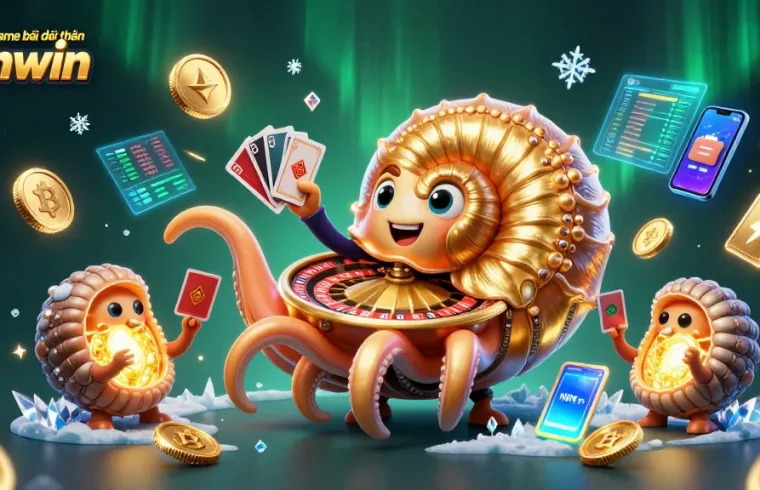 Cổng game bài đổi thưởng Sunwin showcases a vibrant 3D scene with a giant nautilus roulette wheel, embodying the excitement of online gambling.