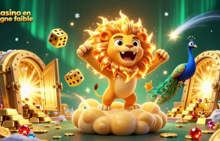 Découvrez notre illustration dynamique de casino en ligne fiable où un lion majestueux symbolise la victoire avec des éléments de trésor fascinants.