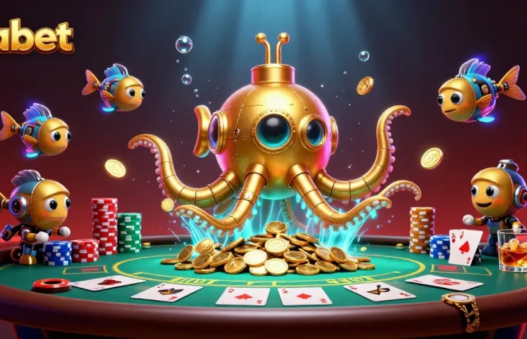 Bet on ufabet with a vibrant 3D scene featuring a golden kraken and dynamic poker elements.