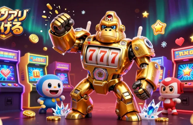 カジノアプリ 稼げるで大勝利を目指す、スロットマシンメカとゲーム要素のイラスト
