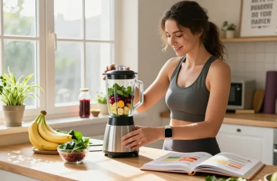 Health tips in action as a woman prepares a nutritious smoothie in a bright kitchen setting.