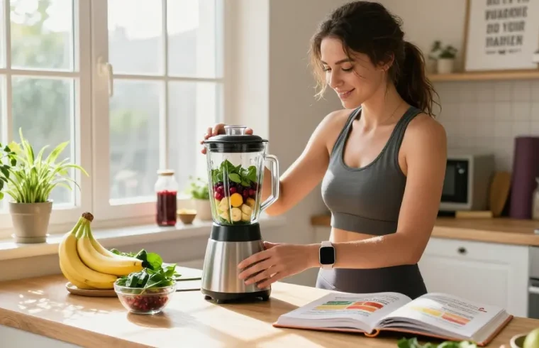 Health tips in action as a woman prepares a nutritious smoothie in a bright kitchen setting.