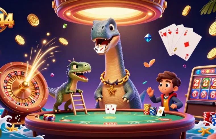 Experience thrilling gameplay at BB44 with a playful brontosaurus and a raptor dealer surrounded by casino delights.