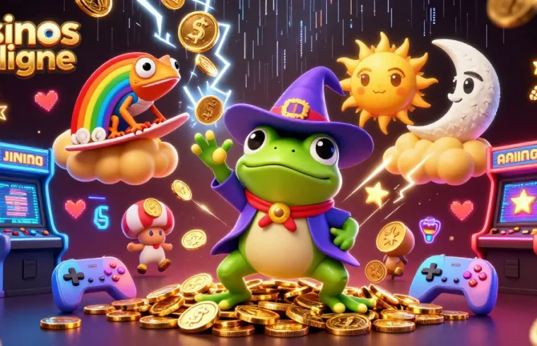 Jouez dans des casinos en ligne avec ce visuel animé, proposant un sorcier grenouille magique et un caméléon.