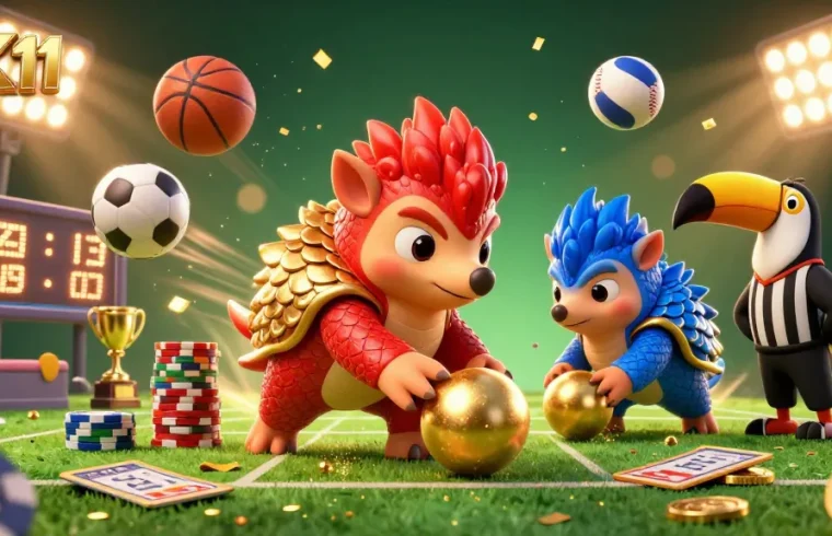 TK11 pangolins bowling through poker chips in a vibrant 3D casino illustration.