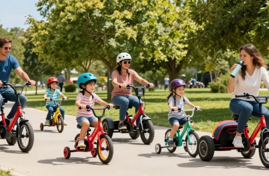 Group riding tricycles in a sunny park, showcasing electric and kids' models.