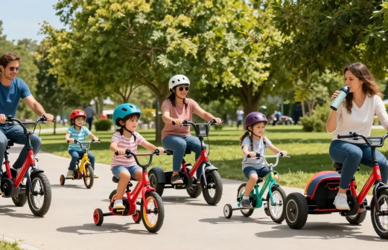 Group riding tricycles in a sunny park, showcasing electric and kids' models.
