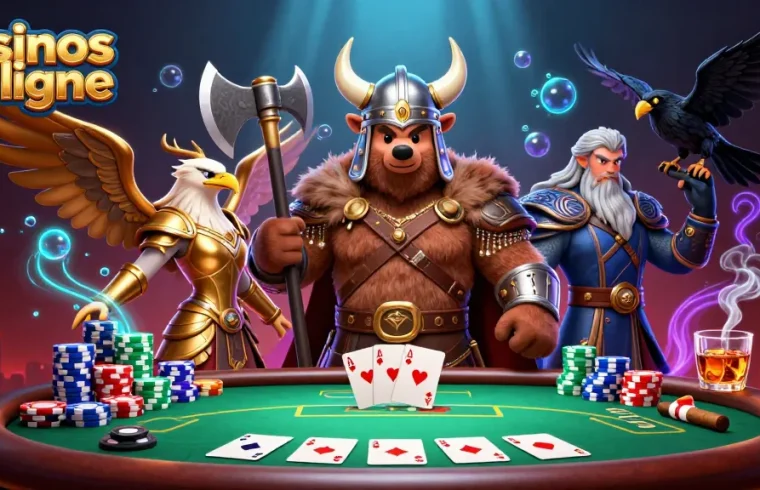 Jouez aux casinos en ligne avec un Viking et un aigle sur un fond dynamique.