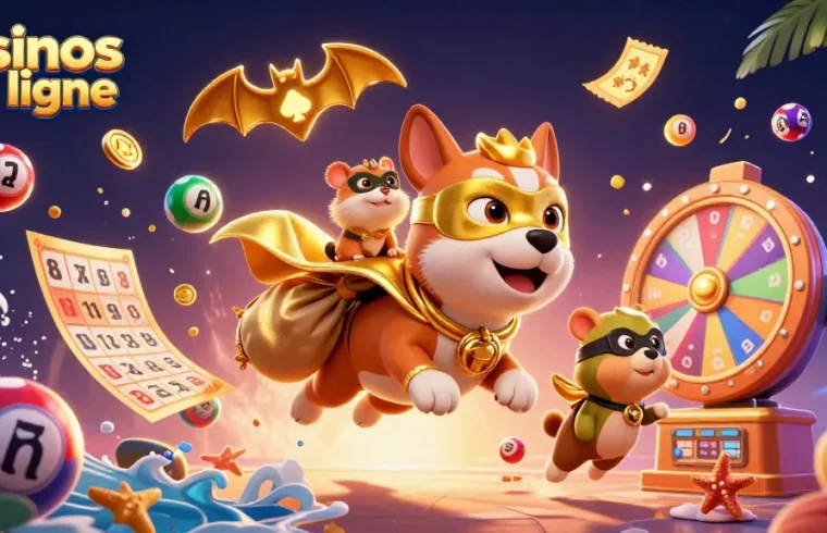 Profitez des casinos en ligne avec cette illustration dynamique d'un chien super-héros et son hamster, riches en jeux.