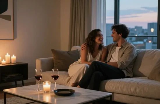 Couple enjoying romantic evening at home, expressing love and connection in a stylish setting, سكس عرب theme.