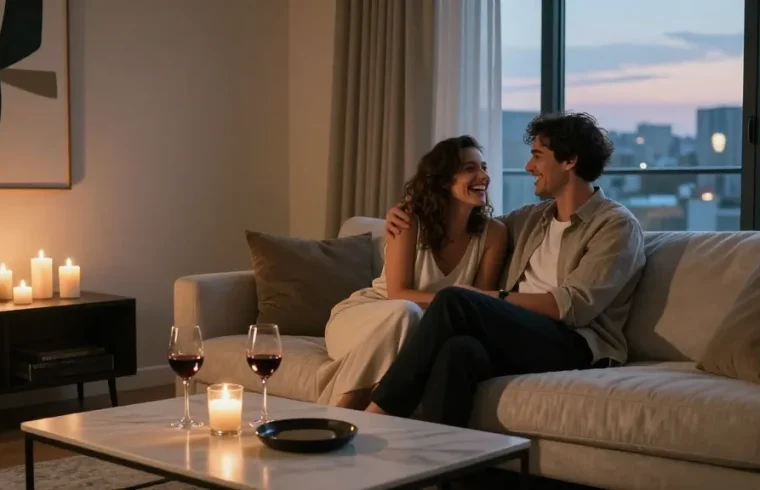 Couple enjoying romantic evening at home, expressing love and connection in a stylish setting, سكس عرب theme.