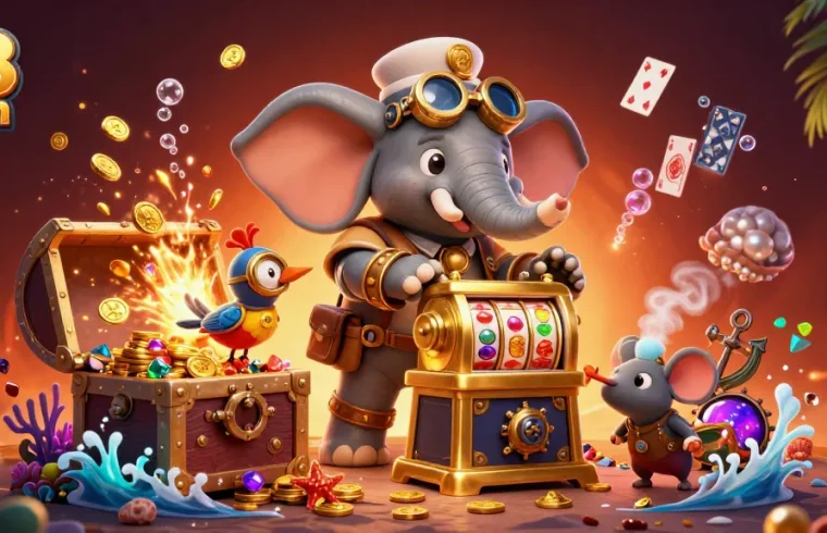 Engage with z8 com's dynamic gaming experience featuring a mechanical elephant and slot machine.