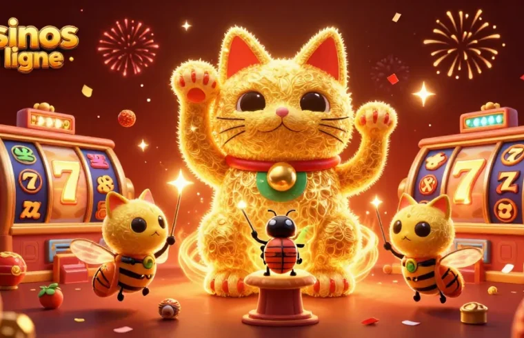 Vivez l'excitation des casinos en ligne avec ce chat porte-bonheur entouré de symboles de casino brillants.
