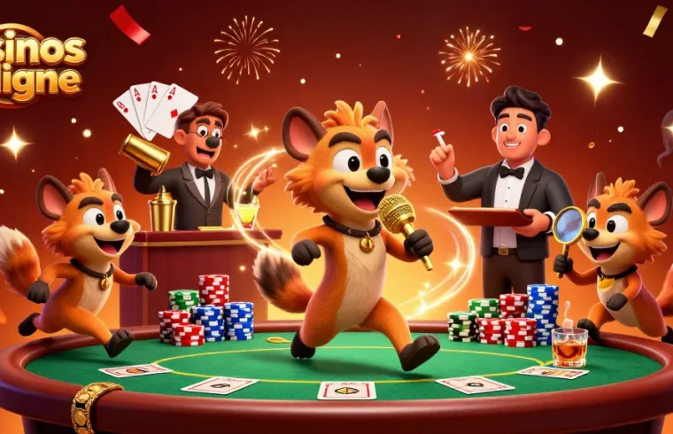 Découvrez les casinos en ligne avec des hyènes animées dans une scène dynamique de casino.