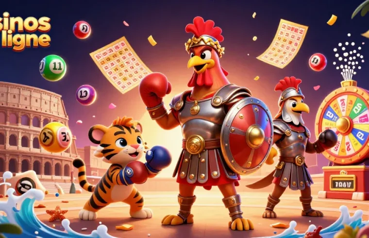 Découvrez les casinos en ligne avec un coq gladiateur et un tigre dans une scène dynamique.
