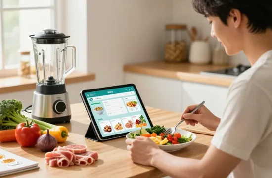 Using the best food tracking app, a person prepares a healthy meal in a bright kitchen filled with fresh ingredients.