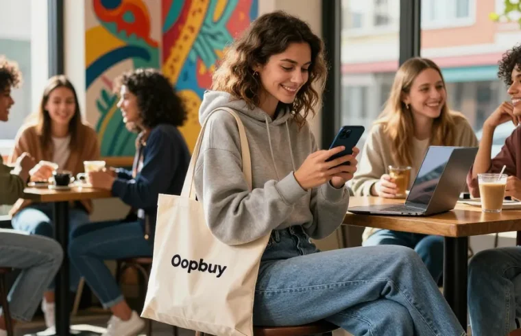 Oopbuy spreadsheet shopping experience in an urban café setting.