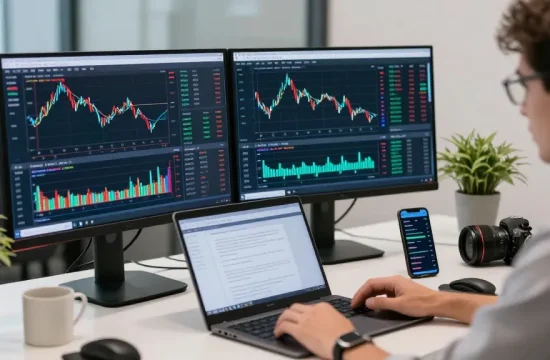Trader using MetaTrader 4 software in a modern office environment with multiple screens.