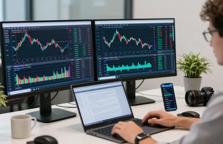 Trader using MetaTrader 4 software in a modern office environment with multiple screens.