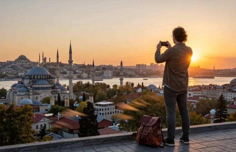 This page captures a traveler admiring Istanbul's skyline during sunset, with iconic landmarks in view and a warm atmosphere.