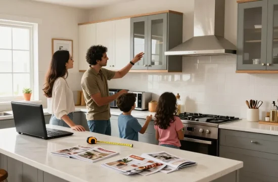 شراء مطابخ مستعملة بالرياض with a family exploring pre-owned kitchen options in a bright, modern setting.