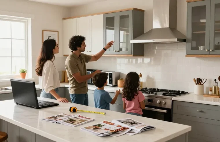شراء مطابخ مستعملة بالرياض with a family exploring pre-owned kitchen options in a bright, modern setting.