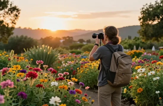Explore the vibrant flowers at https://www.thecapayvalleygardentour.com during a beautiful sunset.