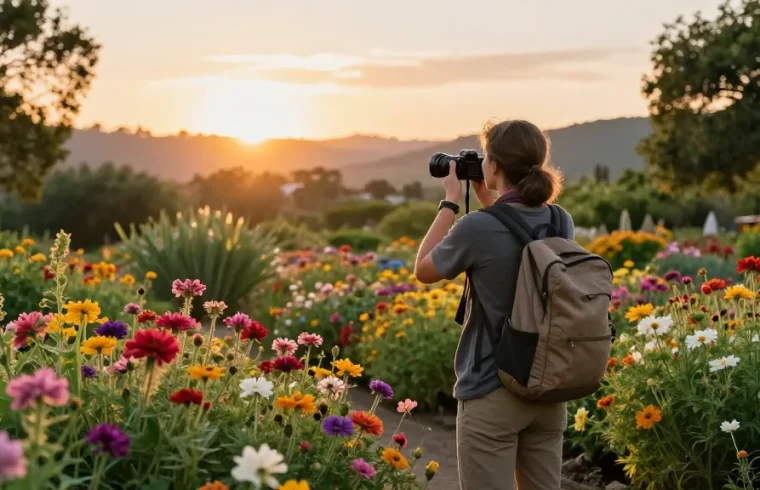 Explore the vibrant flowers at https://www.thecapayvalleygardentour.com during a beautiful sunset.