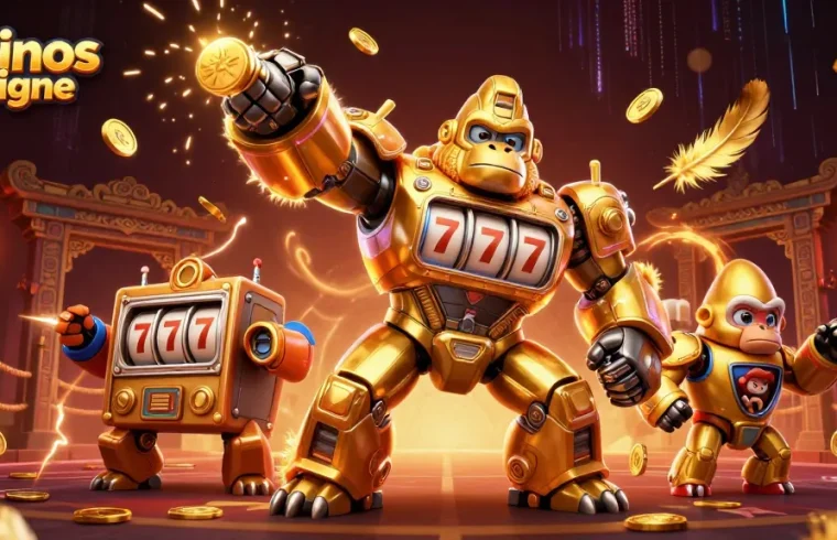 Gagnez aux casinos en ligne grâce à un mech gorille en or qui évoque la richesse et l'excitation.