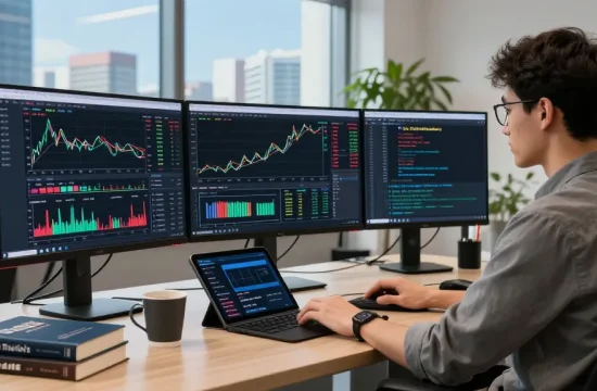 mt5 user analyzing live market data with advanced trading tools in a sleek office environment