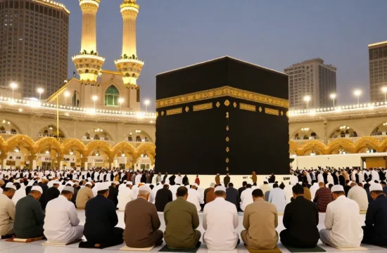 An inspiring image of Umrah Ramadhan pilgrimage, showcasing pilgrims in worship, vibrant atmosphere, iconic destination, spiritual travel experience.