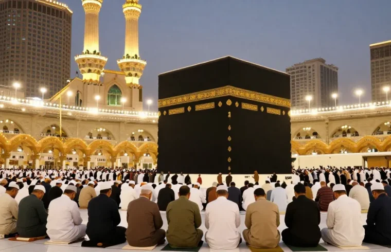 An inspiring image of Umrah Ramadhan pilgrimage, showcasing pilgrims in worship, vibrant atmosphere, iconic destination, spiritual travel experience.