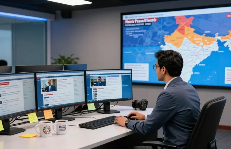 Journalist creating content at https://www.theindaily.com in a modern newsroom with multiple screens and news updates.