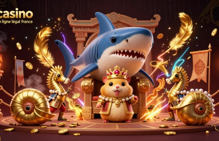 Illustration de casino en ligne légal France avec un hamster roi et des gardes en armure perlée.